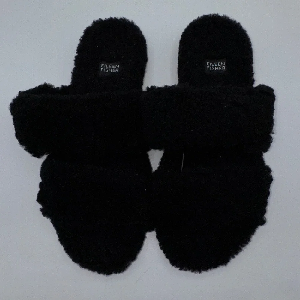 EILEEN FISHER Shoes Womens 7.5 Dello‎ Shearling Slide Sandal Black Lamb Fur Slip - Picture 6 of 13